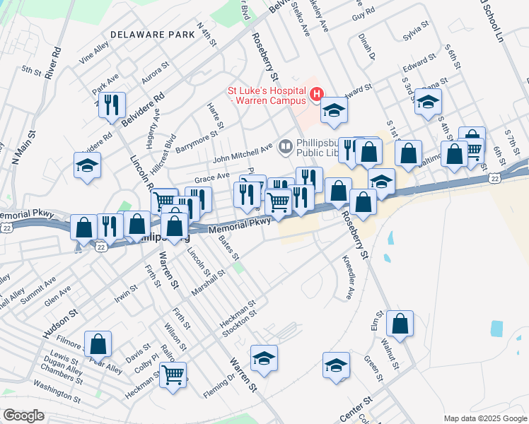 map of restaurants, bars, coffee shops, grocery stores, and more near 291 Pickford Avenue in Phillipsburg