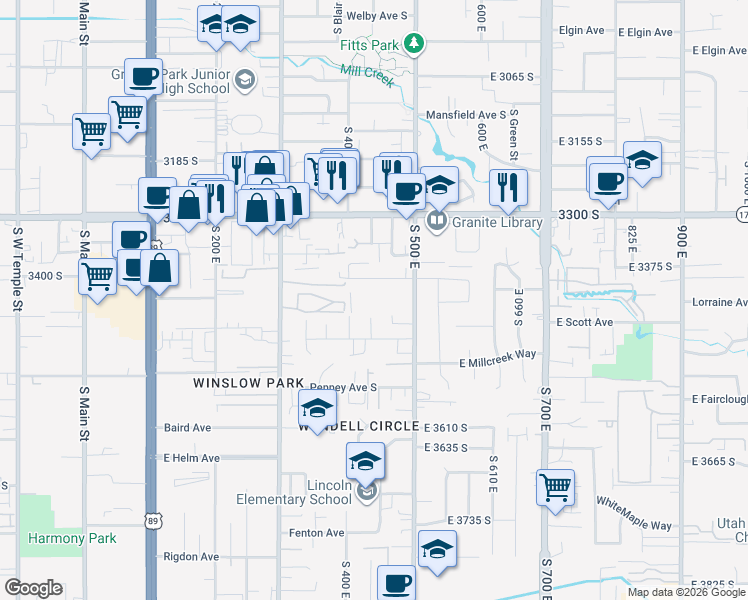 map of restaurants, bars, coffee shops, grocery stores, and more near 415 East Scott Avenue in South Salt Lake