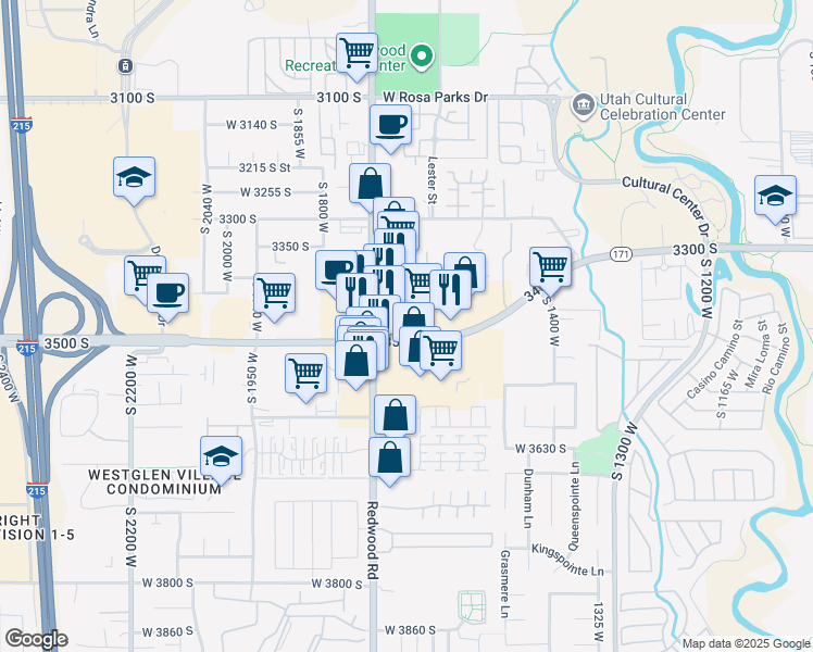 map of restaurants, bars, coffee shops, grocery stores, and more near 1647-1669 West 3500 South in West Valley City