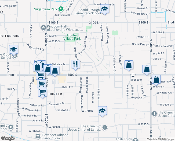 map of restaurants, bars, coffee shops, grocery stores, and more near 6890 Ashby Way in West Valley City