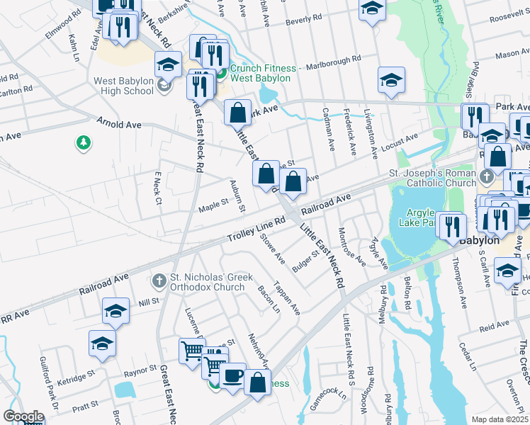 map of restaurants, bars, coffee shops, grocery stores, and more near 27 Robert Street in Babylon