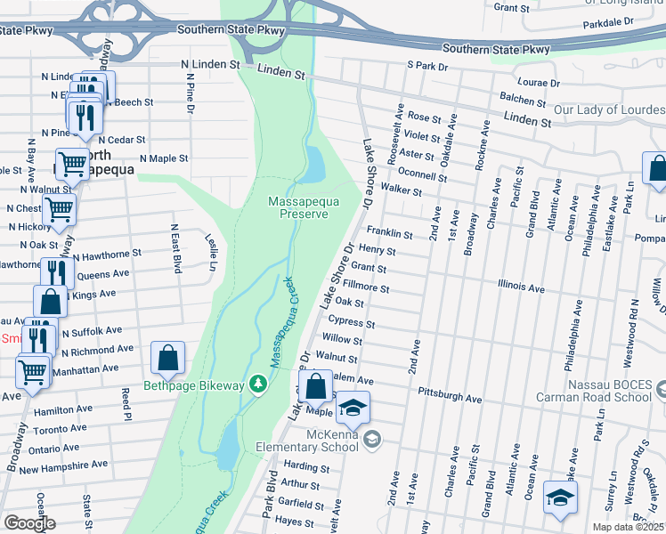 map of restaurants, bars, coffee shops, grocery stores, and more near 100 Fillmore Street in Massapequa Park