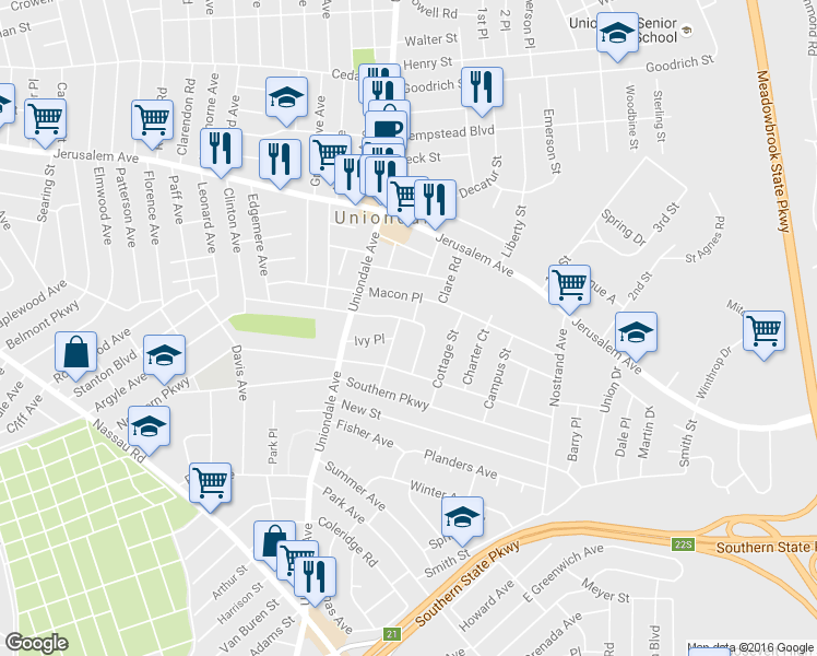 map of restaurants, bars, coffee shops, grocery stores, and more near 705 Tower Court in Uniondale
