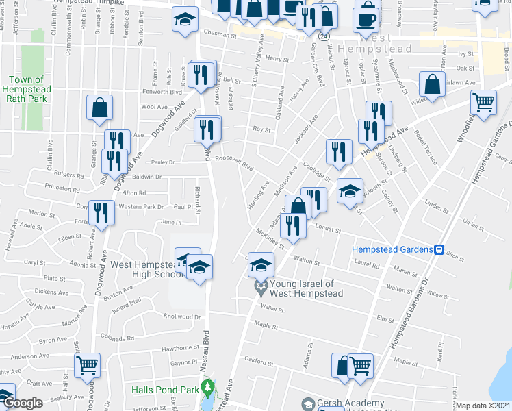 map of restaurants, bars, coffee shops, grocery stores, and more near 536 Madison Avenue in West Hempstead