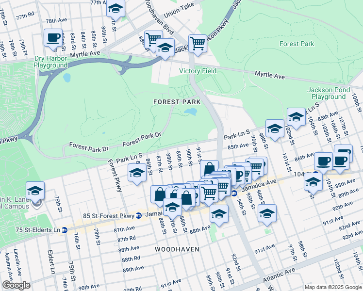 map of restaurants, bars, coffee shops, grocery stores, and more near 84-23 90th Street in Queens