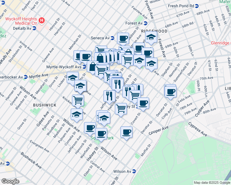 map of restaurants, bars, coffee shops, grocery stores, and more near 919 Wyckoff Avenue in Queens