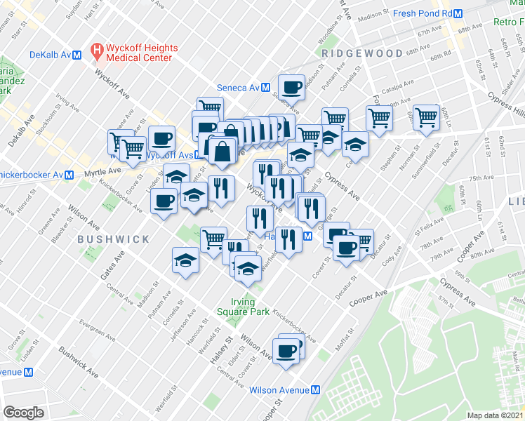 map of restaurants, bars, coffee shops, grocery stores, and more near 1484 Jefferson Avenue in Brooklyn
