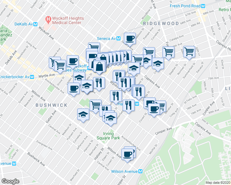 map of restaurants, bars, coffee shops, grocery stores, and more near 1484 Jefferson Avenue in Brooklyn