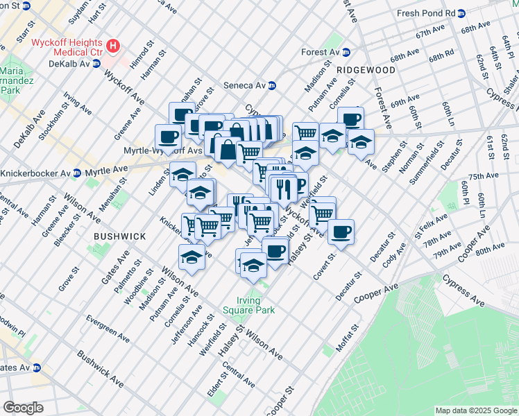 map of restaurants, bars, coffee shops, grocery stores, and more near 1484 Jefferson Avenue in Brooklyn