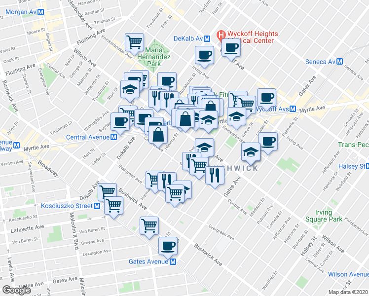 map of restaurants, bars, coffee shops, grocery stores, and more near 1229 Greene Avenue in Brooklyn