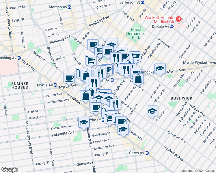 map of restaurants, bars, coffee shops, grocery stores, and more near 1235 Dekalb Avenue in Brooklyn