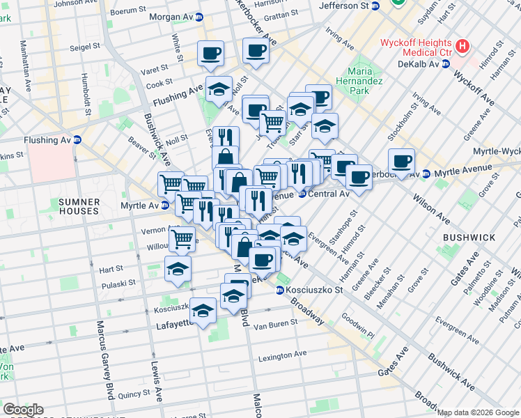 map of restaurants, bars, coffee shops, grocery stores, and more near 717 Bushwick Avenue in Brooklyn