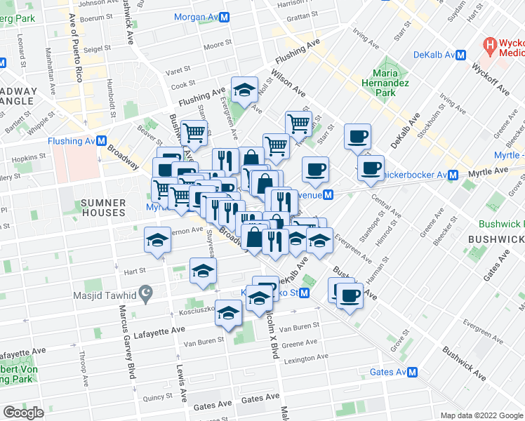 map of restaurants, bars, coffee shops, grocery stores, and more near 912 Willoughby Avenue in Brooklyn