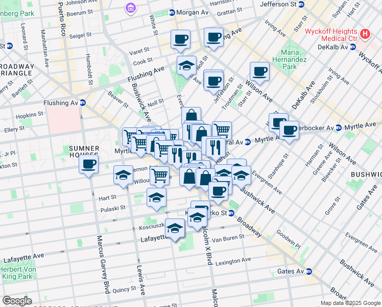 map of restaurants, bars, coffee shops, grocery stores, and more near 912 Willoughby Avenue in Brooklyn