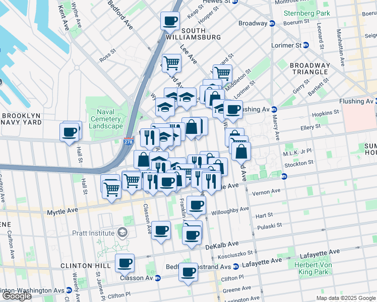 map of restaurants, bars, coffee shops, grocery stores, and more near 64 Skillman Street in Brooklyn