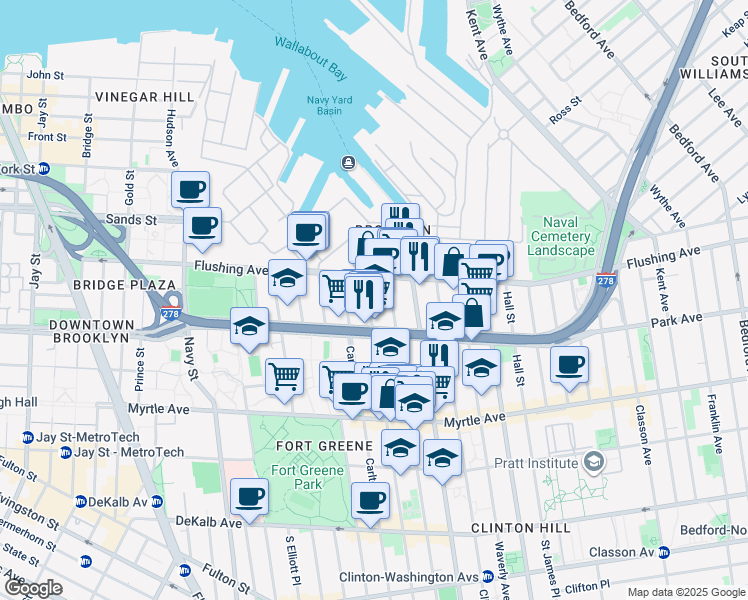 map of restaurants, bars, coffee shops, grocery stores, and more near 50 Adelphi Street in Brooklyn