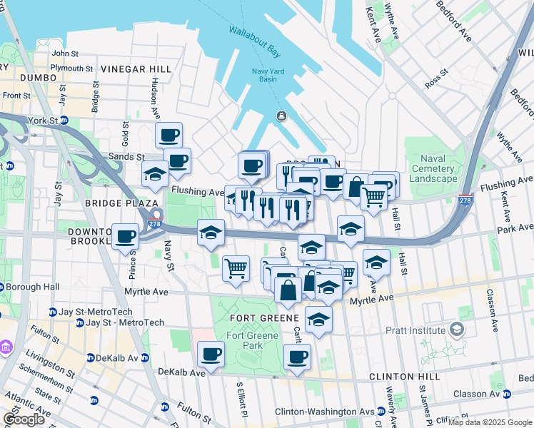 map of restaurants, bars, coffee shops, grocery stores, and more near 139 Park Avenue in Brooklyn