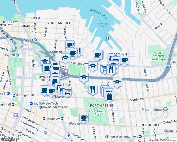map of restaurants, bars, coffee shops, grocery stores, and more near 77 Park Avenue in Brooklyn