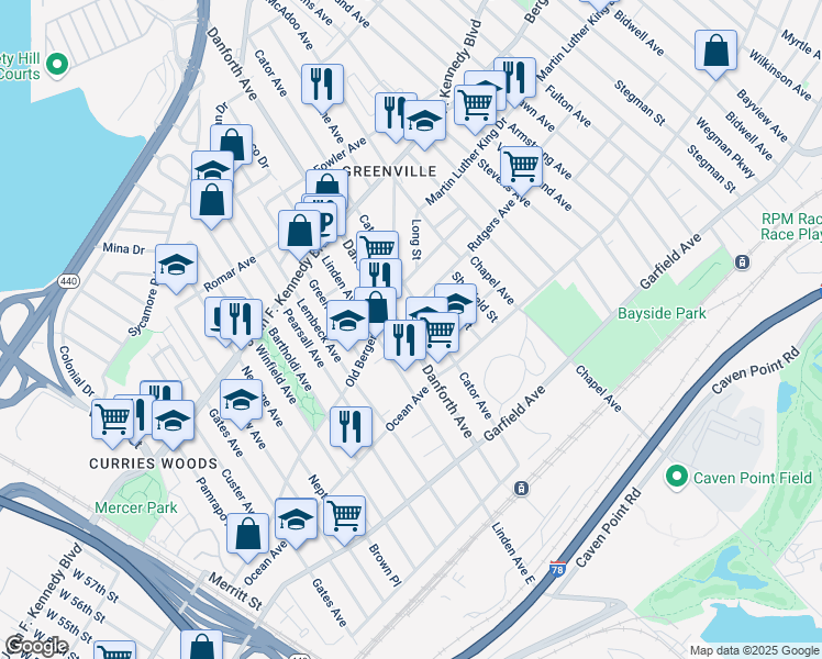 map of restaurants, bars, coffee shops, grocery stores, and more near 128 Danforth Avenue in Jersey City