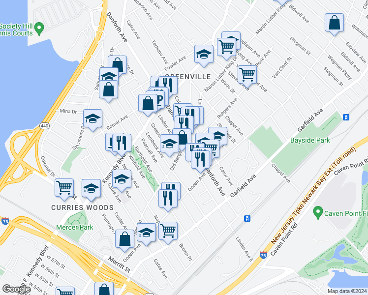 map of restaurants, bars, coffee shops, grocery stores, and more near 150 Linden Avenue in Jersey City
