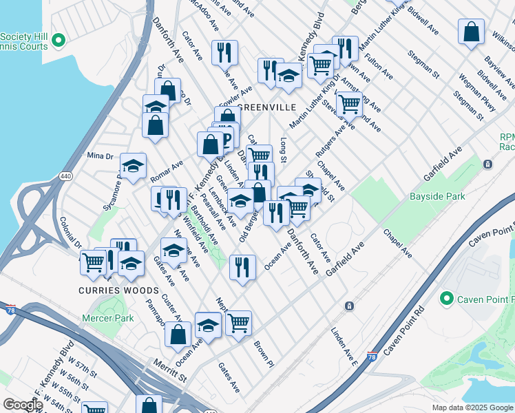 map of restaurants, bars, coffee shops, grocery stores, and more near 150 Linden Avenue in Jersey City