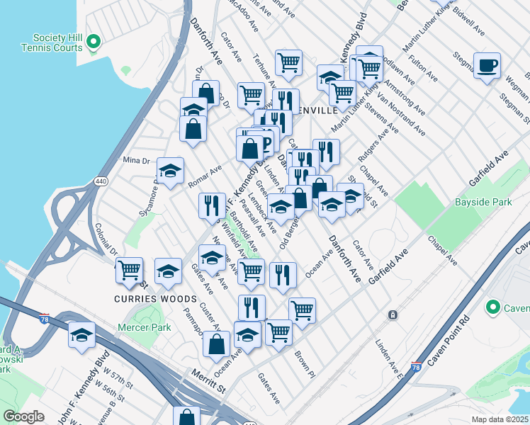 map of restaurants, bars, coffee shops, grocery stores, and more near 202 Pearsall Avenue in Jersey City