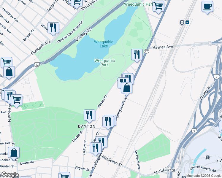 map of restaurants, bars, coffee shops, grocery stores, and more near 164 Dayton Street in Newark