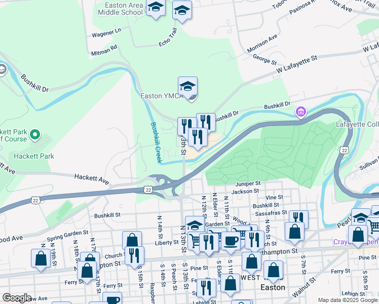 map of restaurants, bars, coffee shops, grocery stores, and more near 641 North 13th Street in Easton