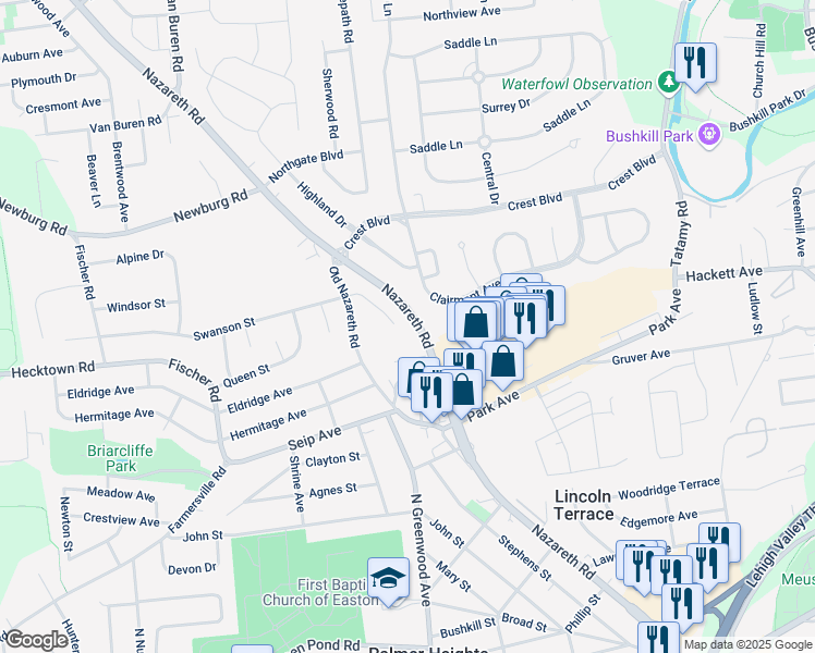 map of restaurants, bars, coffee shops, grocery stores, and more near 11 Oak Lane in Easton
