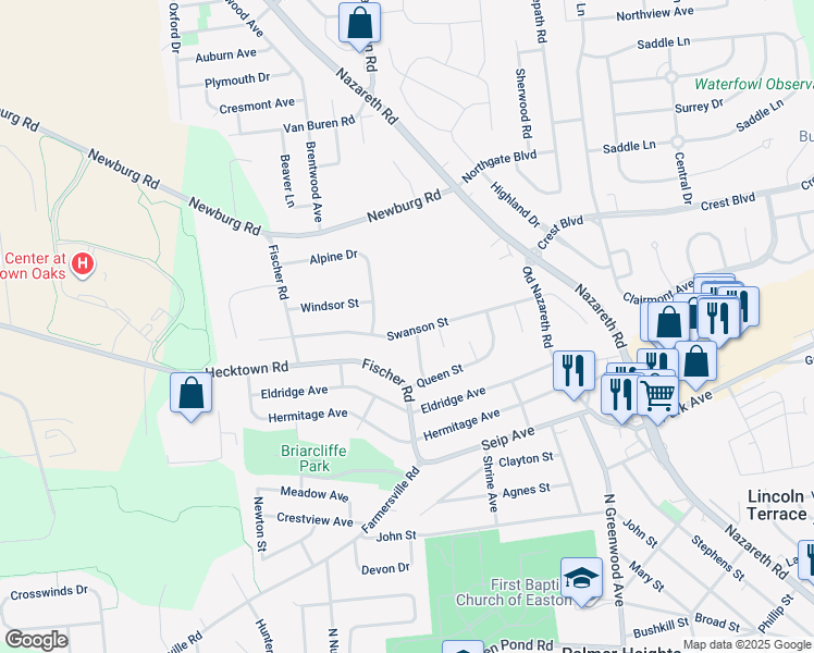 map of restaurants, bars, coffee shops, grocery stores, and more near 2745 Swanson Street in Easton