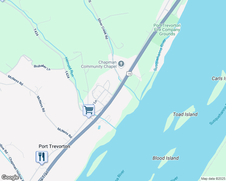 map of restaurants, bars, coffee shops, grocery stores, and more near 2568 Main Street in Port Trevorton