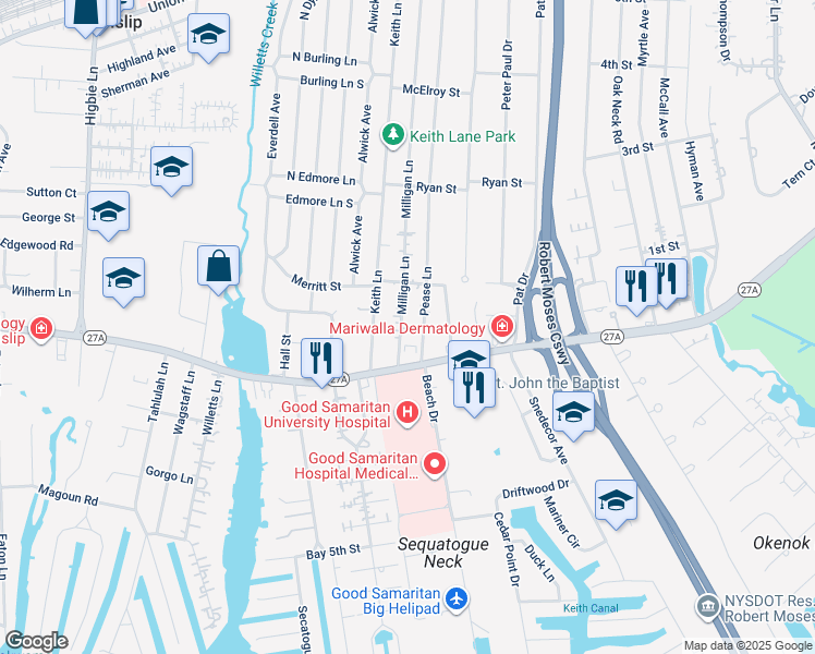 map of restaurants, bars, coffee shops, grocery stores, and more near 495 Milligan Lane in West Islip