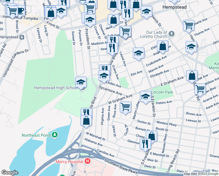 map of restaurants, bars, coffee shops, grocery stores, and more near 21 Mason Street in Hempstead
