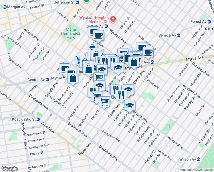map of restaurants, bars, coffee shops, grocery stores, and more near in Brooklyn