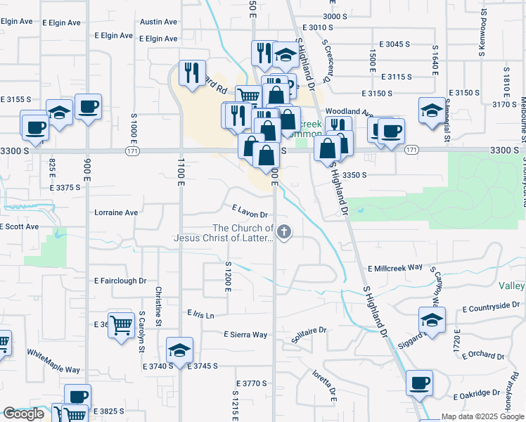 map of restaurants, bars, coffee shops, grocery stores, and more near 1275 East Lavon Drive in Millcreek