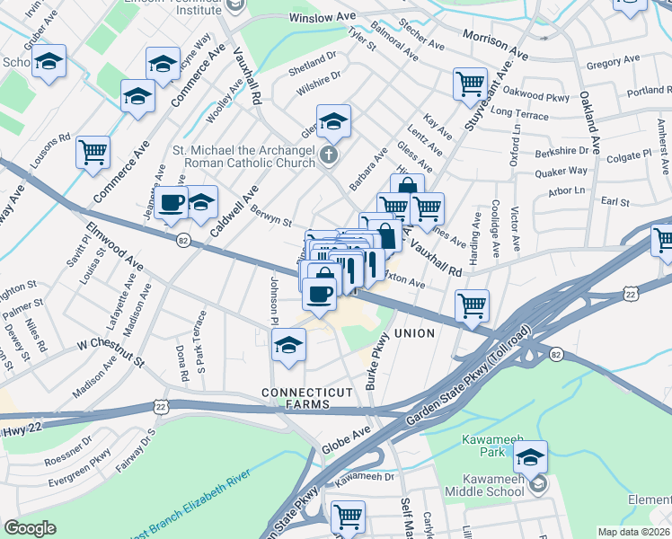 map of restaurants, bars, coffee shops, grocery stores, and more near 2003 Morris Avenue in Union