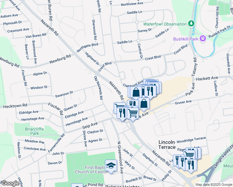 map of restaurants, bars, coffee shops, grocery stores, and more near 11 Oak Lane in Easton