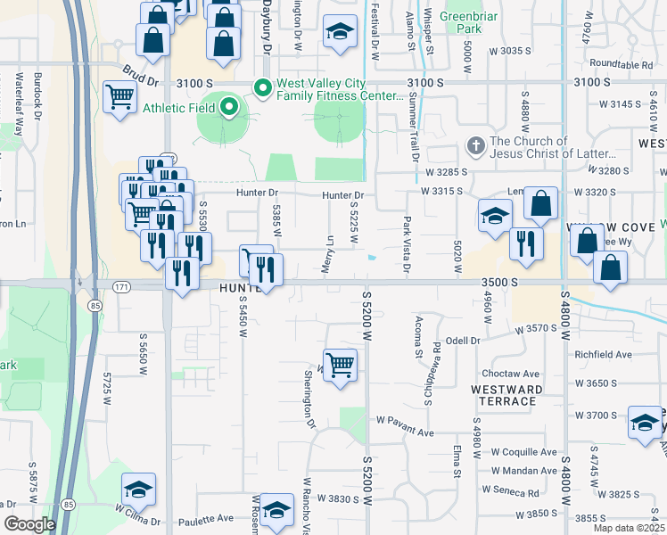 map of restaurants, bars, coffee shops, grocery stores, and more near 3469 Merry Lane in West Valley City