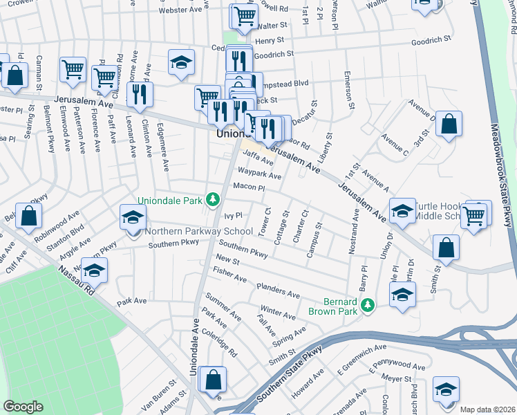 map of restaurants, bars, coffee shops, grocery stores, and more near 705 Tower Court in Uniondale