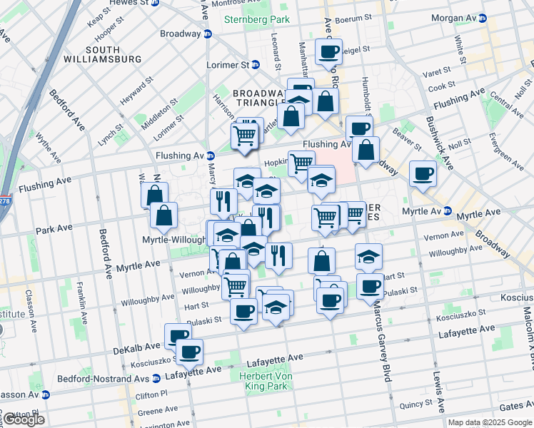 map of restaurants, bars, coffee shops, grocery stores, and more near 70 Tompkins Avenue in Brooklyn