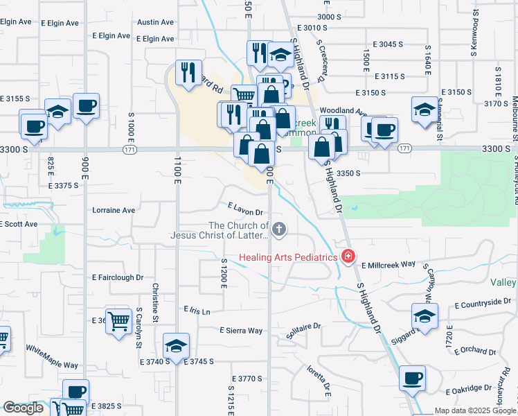 map of restaurants, bars, coffee shops, grocery stores, and more near 1275 East Lavon Drive in Millcreek