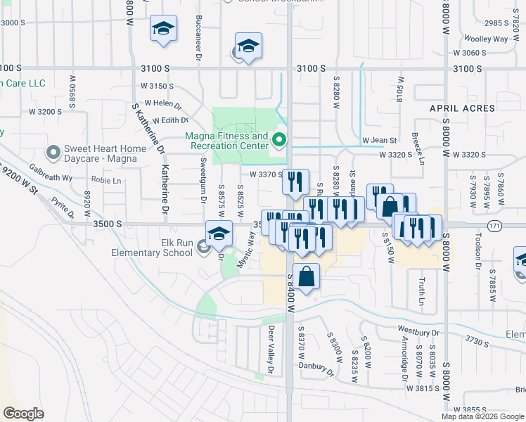 map of restaurants, bars, coffee shops, grocery stores, and more near 8464 West 3500 South in Magna
