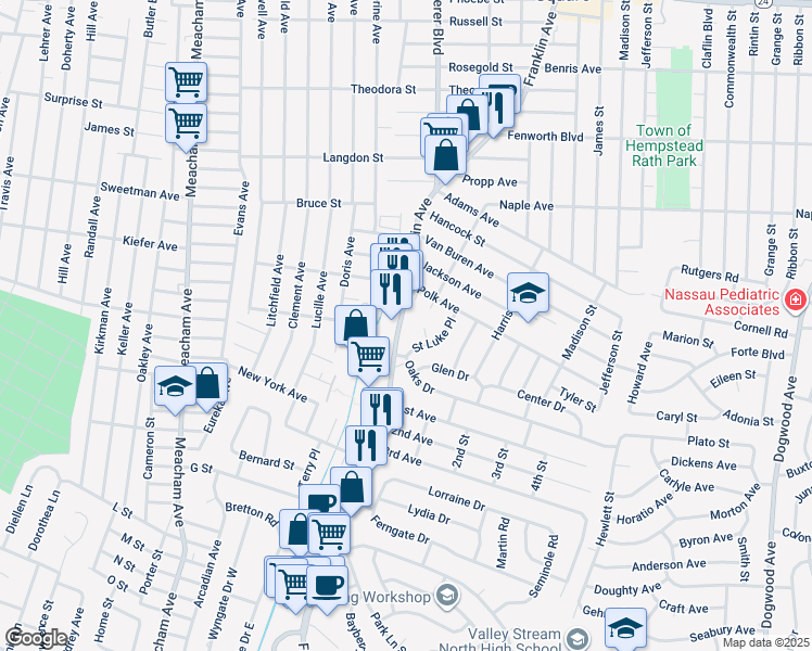 map of restaurants, bars, coffee shops, grocery stores, and more near 427 Saint Luke Place in Franklin Square