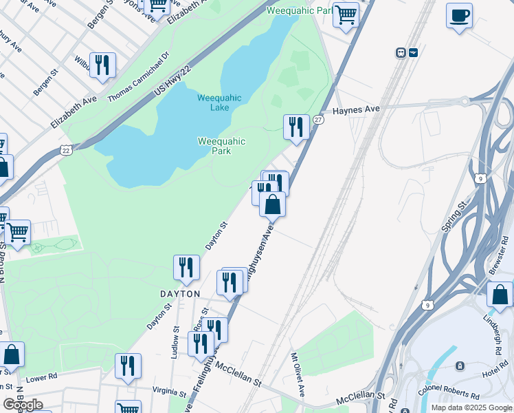 map of restaurants, bars, coffee shops, grocery stores, and more near 27 Foster Street in Newark
