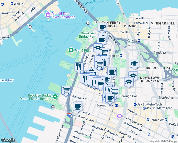 map of restaurants, bars, coffee shops, grocery stores, and more near 135 Willow Street in Brooklyn