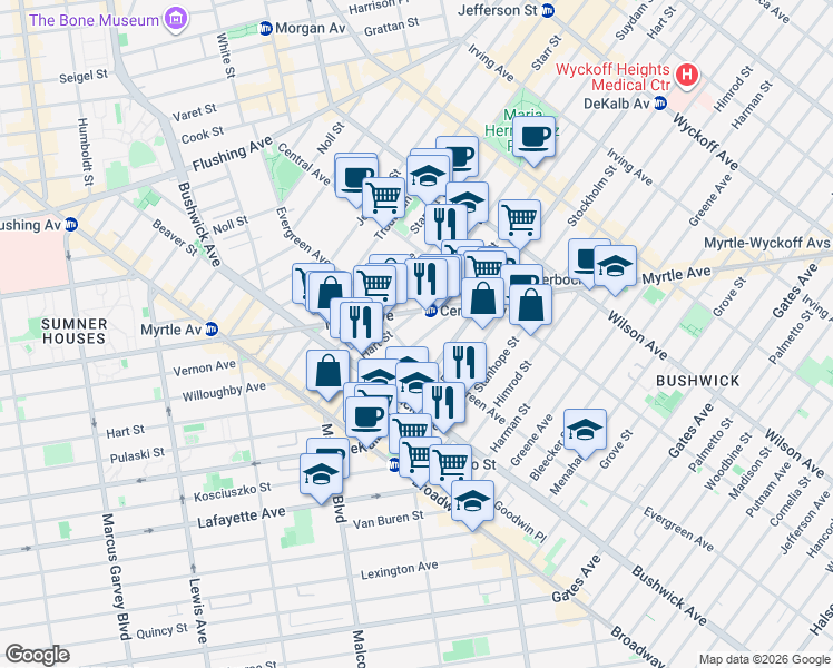 map of restaurants, bars, coffee shops, grocery stores, and more near 1235 Dekalb Avenue in Brooklyn
