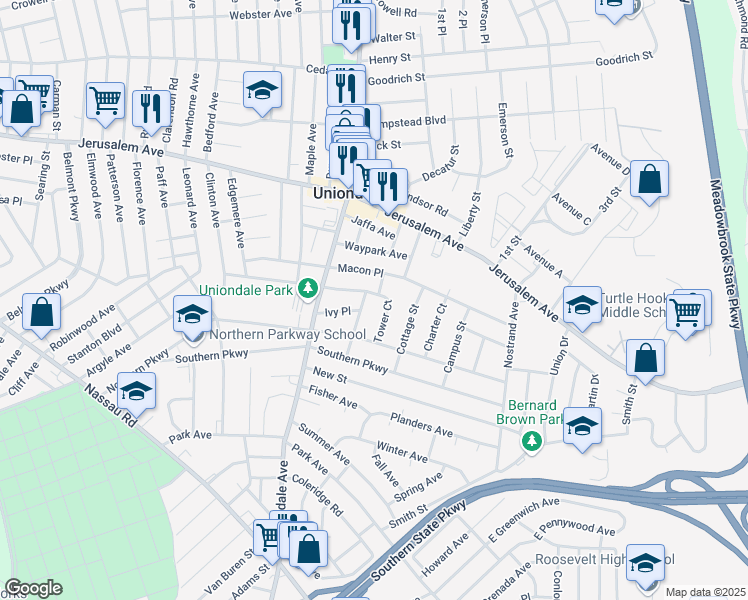 map of restaurants, bars, coffee shops, grocery stores, and more near 706 Newton Avenue in Uniondale