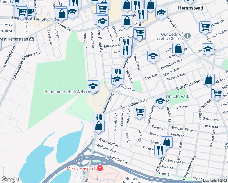 map of restaurants, bars, coffee shops, grocery stores, and more near 605 Peninsula Boulevard in Hempstead