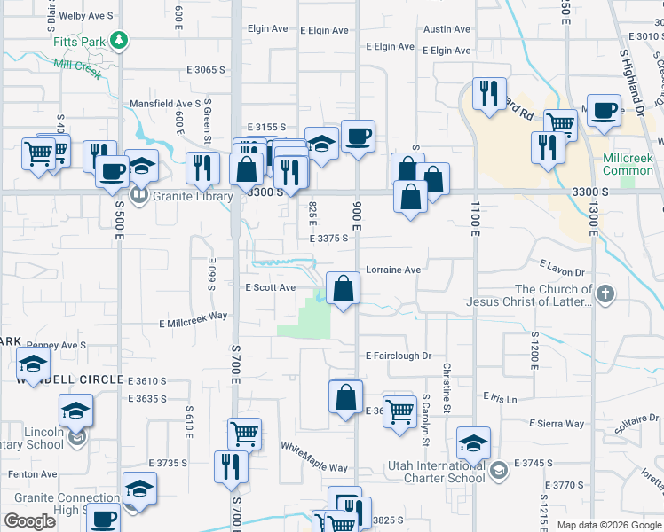 map of restaurants, bars, coffee shops, grocery stores, and more near 854 Pond View Way in Millcreek