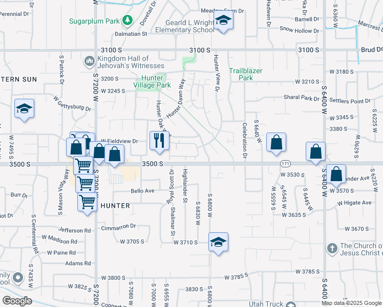 map of restaurants, bars, coffee shops, grocery stores, and more near 6866 Ashby Way in West Valley City